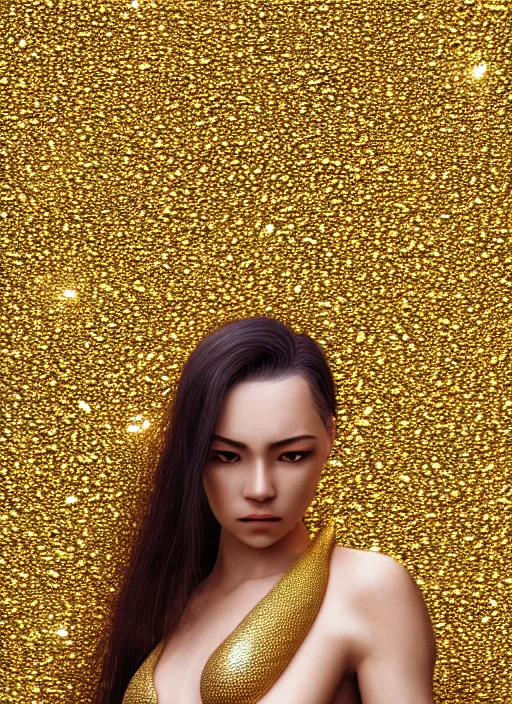 Image similar to photo of a woman with gleaming metallic gold dragon scales for skin in the style of stefan kostic, realistic, full body shot in bikini, sharp focus, 8 k high definition, insanely detailed, intricate, elegant, art by stanley lau and artgerm, extreme bokeh foliage