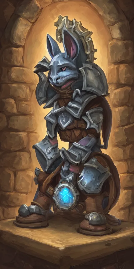 Image similar to Rabbit in Armor sitting in a dungeon, digital painting, hearthstone art