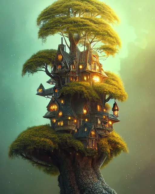 Prompt: a tilt - shift town nestled in the hollow of a tree, studio lighting, golden ratio, details, scifi, dark fantasy, intricate, decadent, ornate, highly detailed, digital painting, octane render, ray tracing reflections, 8 k, artstation, concept art, smooth, sharp focus, illustration, art by artgerm, loish, by wlop