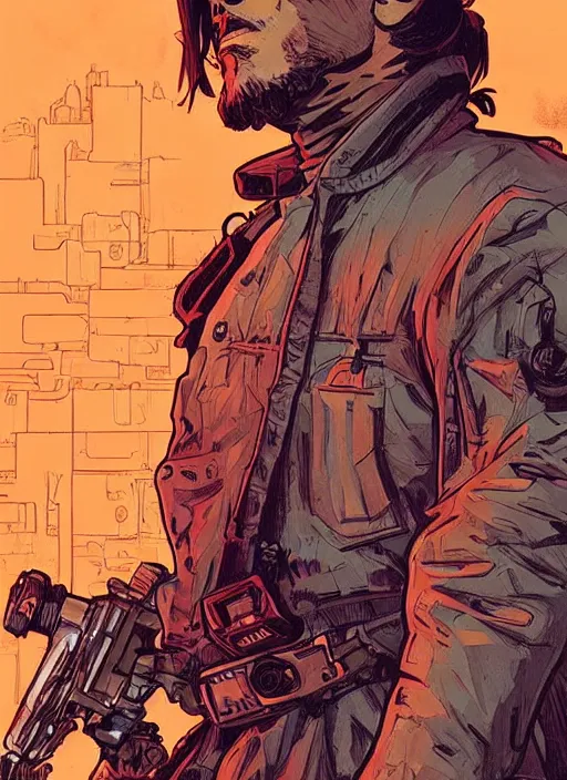 Image similar to hector. cyberpunk mercenary with scenic background. portrait illustration, pop art, art by ashley wood, alphonse mucha, laurie greasley and josan gonzales. cinematic. beautiful lighting.