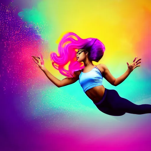 Image similar to a award winning full body shot of a beautiful woman in a croptop and leggings with a ombre purple pink teal hairstyle with head in motion and hair flying, outrun, vaporware, vivid colors, highly detailed, fine detail, intricate