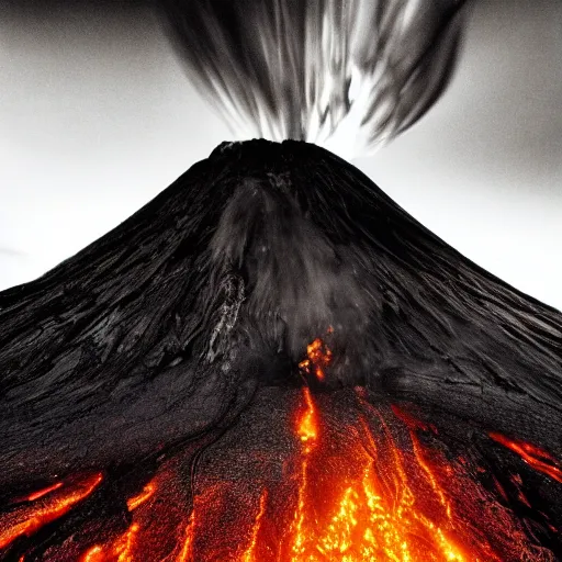 Image similar to dramatic photograph of pele the goddess of volcanos and fire erupting from the top of a hawaiian volcano surounded by carved wooden tiki statues, spooky, beautiful, dramatic lighting