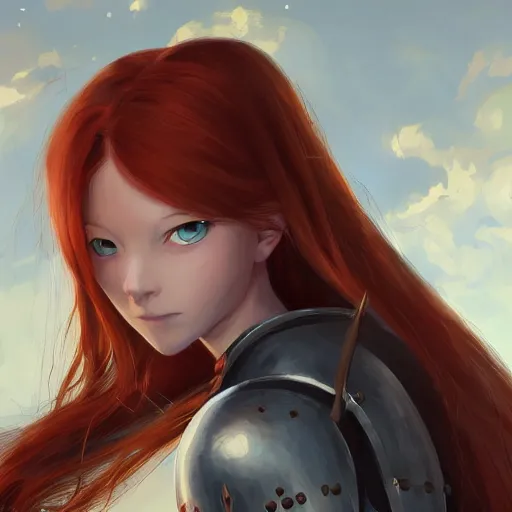 Image similar to portrait of a young redheaded woman with blue eyes and wearing armor, fighting shadowy bug demons, medieval background, highly detailed, digital painting, artstation, matte, by makoto shinkai, animation style, studio ghibli, anime key visual
