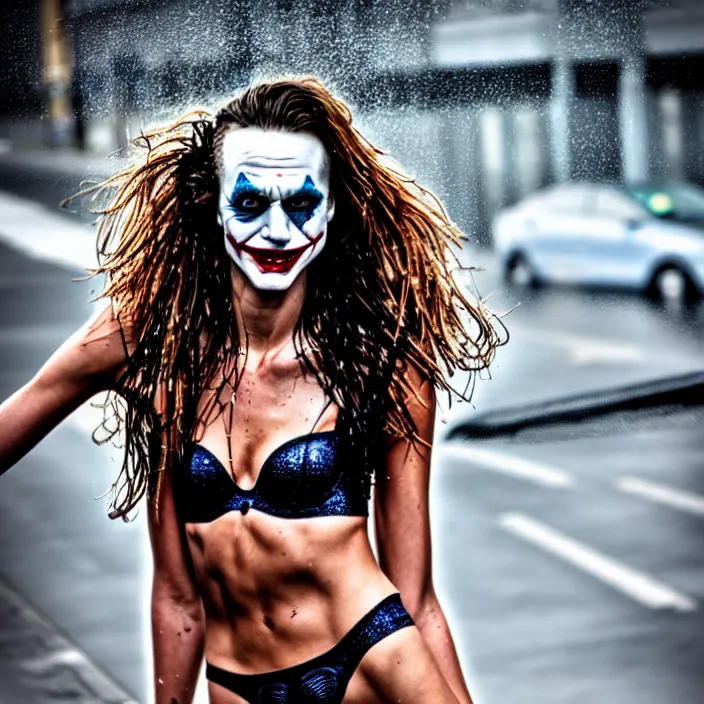 Image similar to fully body pose, photo of a very beautiful!! victoria secret model, the joker, wet hair, raining, 8 k, hdr, smooth, sharp focus, high resolution, award - winning photo, trending on artstation, dslr, 5 0 mm