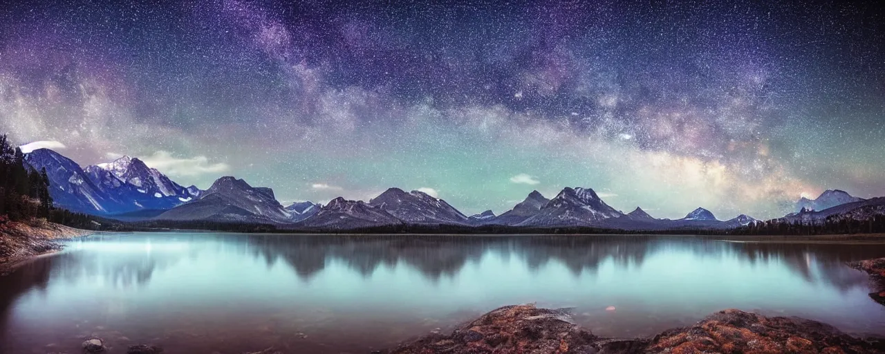 Prompt: beautiful nighttime landscape photography of the Rocky Mountains with a crystal blue lake, milky way galaxy sky, serene, dramatic lighting