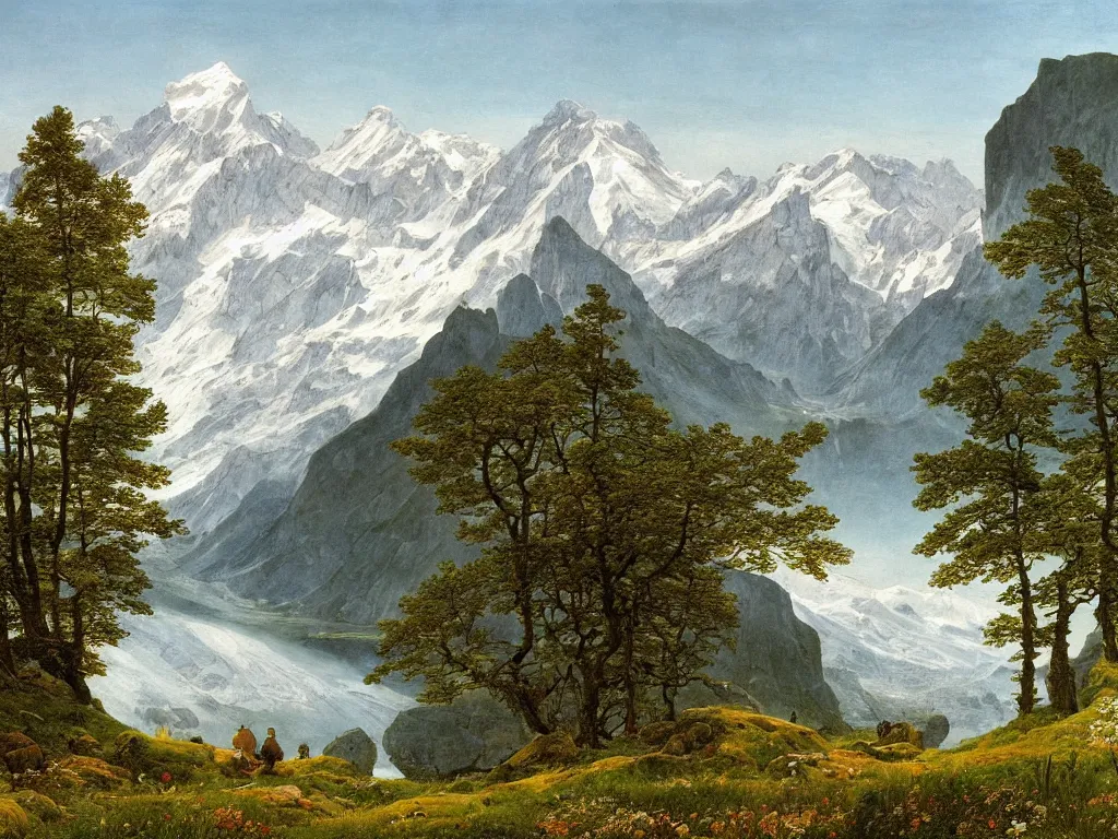 Prompt: a detailed painting of a majestic wilderness in switzerland in spring by caspar david friedrich, high detail, snow capped mountains reflecting on a lake, wildflowers,