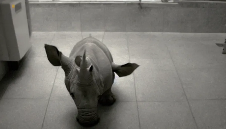 Image similar to a rhinoceros in a public bathroom with yellow tiles floor, mini dv camera found footage, very very low quality picture, heavy grain, heavy jpeg artifact blurry, caught on trail cam