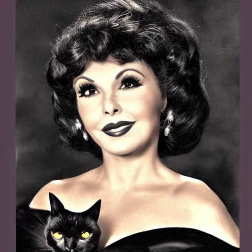 Prompt: a photorealistic image of Gina Lollobrigida disguised as a black cat