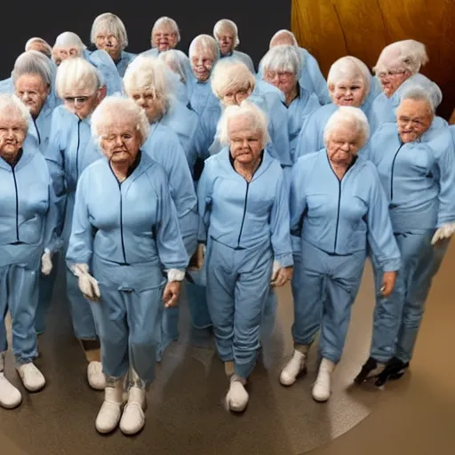 Image similar to troop of 1 2 0 - year - old grannies with white bob hairdos, tight light blue neopren pilot suits, futuristic cloning facility, sci - fi, highly detailed, cinematic