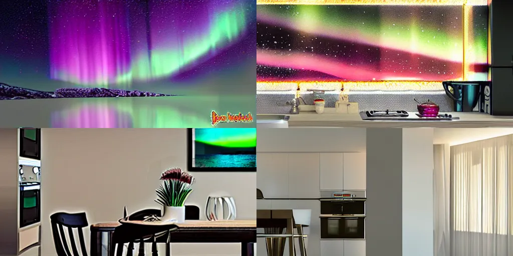 Prompt: aurora borealis inside my kitchen, photorealistic