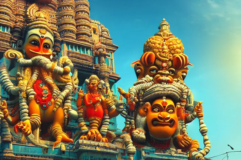 Image similar to high quality 3 d dreamscape! mumbai with biomorphic hanuman!! head building, kalighat highly detailed, unreal engine cinematic smooth, stephen shore & john j. park, soft morning light, wide shot, high angle, uhd 8 k, deep focus