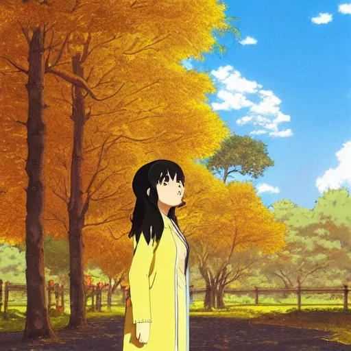 Prompt: anime visual of chubby hispanic woman wearing a yellow coat with long dark brown hair with bangs walking in the scenic park in fall, detailed, studio ghibli, exquisite lighting, clear focus, very coherent, art by hayao miyazaki,
