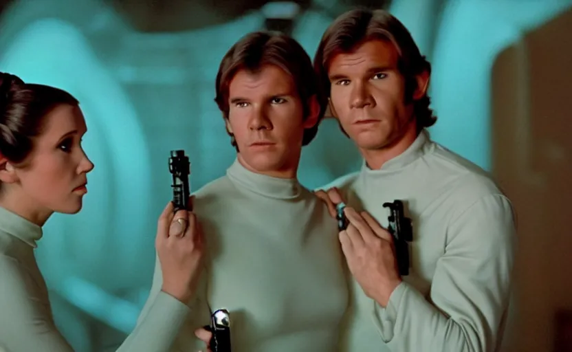 Prompt: screenshot portrait of Princess Leia and Han Solo in a teal, round Temple scene from 1980s film by Stanley Kubrick, 4k serene, iconic shot, surreal sci fi set design, photoreal portrait Carrie fischer and Harrison Ford, detailed face, moody lighting stunning cinematography, hyper detailed, sharp, anamorphic lenses, kodak color film