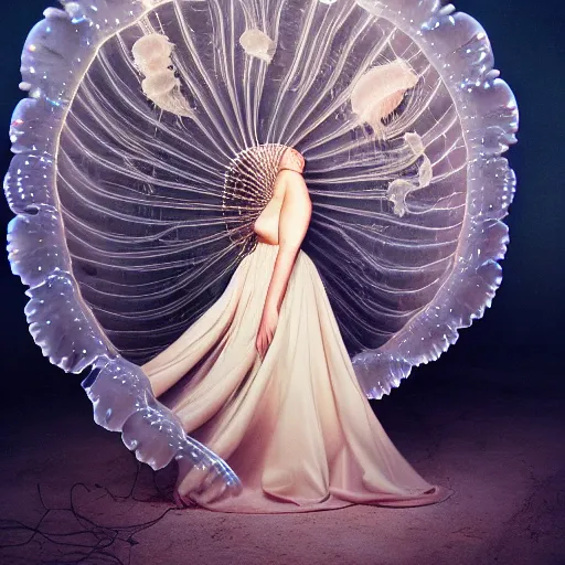 Image similar to fashion photography of a woman wearing an outfit inspired by a jellyfish, artistic photography, cinematic lighting, insanely detailed, chiaroscuro, cinestill 8 0 0 t, vogue magazine