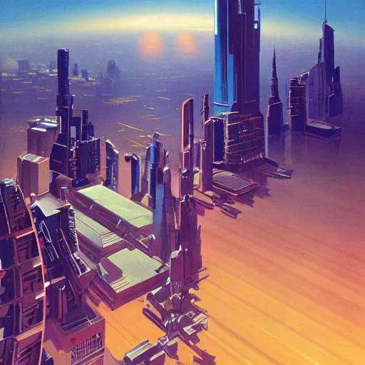 Image similar to aerial view of a science-fiction cityscape, cinematic angle, cinematic lighting, blue sky, sun in the sky, by Syd Mead, John Harris, Federico Pelat