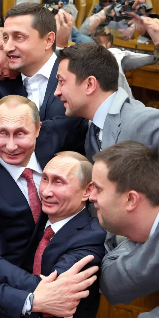 Prompt: Vladimir Putin gives Volodymyr Zelenskyy a great big hug