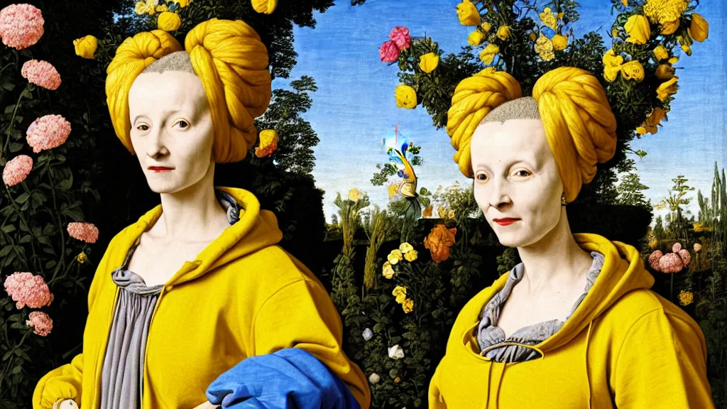 Prompt: portrait of a woman with blue hair buns, wearing a yellow hoodie by Vivienne Westwood, standing in a garden full of flowers, intricate details, high detail, in a renaissance style, super-flat,