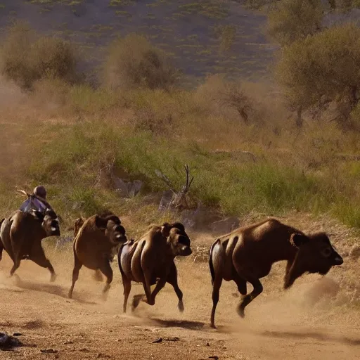 Image similar to ancient tribe hunting buffalo herd, ancient atv, chase scene, dynamic shot,