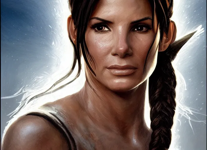 Image similar to face portrait of concentrated young Sandra Bullock as Lara Croft entering the large Minas Tirith gate, sun beams, intricate, elegant, highly detailed, centered, digital painting, artstation, concept art, smooth, sharp focus, illustration, Allan Lee, John Howe