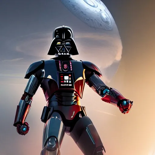 Image similar to a mix between iron man and darth vader, in space, shot on alexa, 3 5 mm cooke, still from a movie, trending on hollywood reporter, realistic, cg render, roger deakins