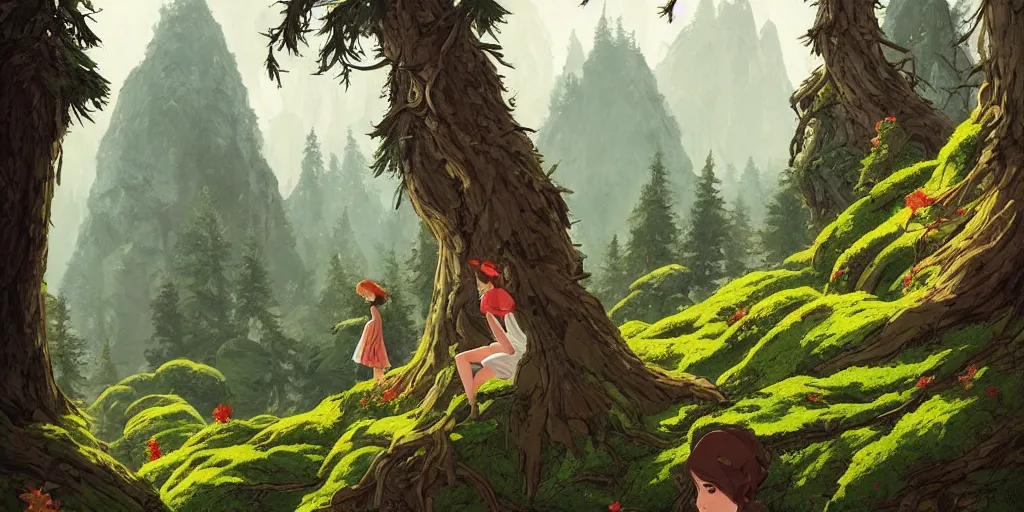 Image similar to a 2 d forest background in transylvania, rocks, dead trees, castle in the background, moss, in the style of studio ghibli, j. c. leyendecker, greg rutkowski, artgerm