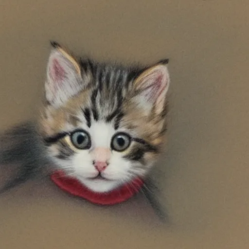 Image similar to photo of an intricately detailed representation of a accurate kitten. Colored graphite blended with colored oils miniature on vellum.