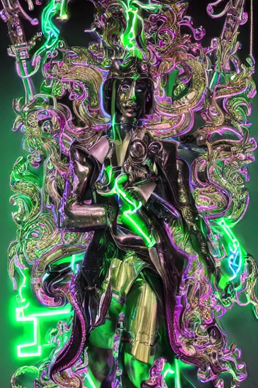 Image similar to full-body bladerunner neon baroque style sculpture of a young handsome Spanish prince as a half cibernetic android with a chest opening exposing circuitry and electric sparks, glowing laser beam eyes, crown of giant neon diamonds, flowing neon green colored silk, fabric, raptors. baroque elements. full-length view. mechanical gear neon flowers. intricate artwork by caravaggio. black screen panel for a face. Trending on artstation, octane render, cinematic lighting from the right, hyper realism, octane render, 8k, depth of field, 3D