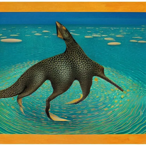 Image similar to aquatic summer bipedal shallows circle pollock kiwi beer specter, by jean giraud and didier barra and georgia o'keeffe, detailed painting, an art deco, black velvet painting