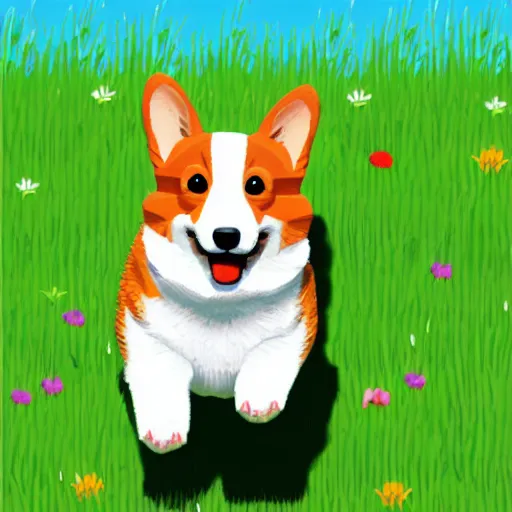 Concept art 2d corgi resting on a flower field, large game wallpaper,  farmville style, high quality on Craiyon