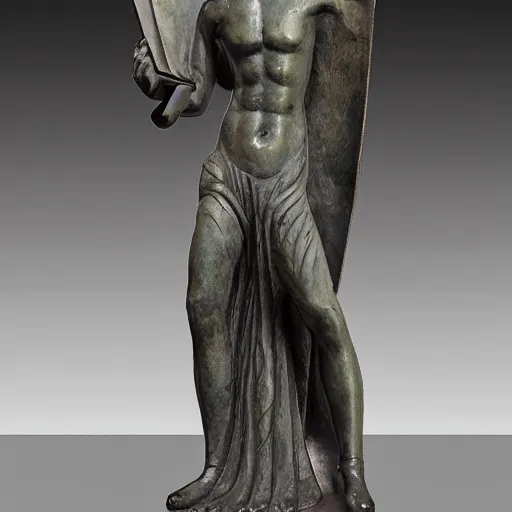 Image similar to long shot photo of a soapstone Art Deco statue Hades wearing a tunic, long pants,Cerberus on his side,sculped by Paul Landowski,Jean Dupas, Tamara de Lempicka, Reginald Marsh, Rockwell Kent, and Diego Rivera,beared,long shot,wide shot,low angle,Sigma 85 mm,very detailed,unreal-engine,city in the background