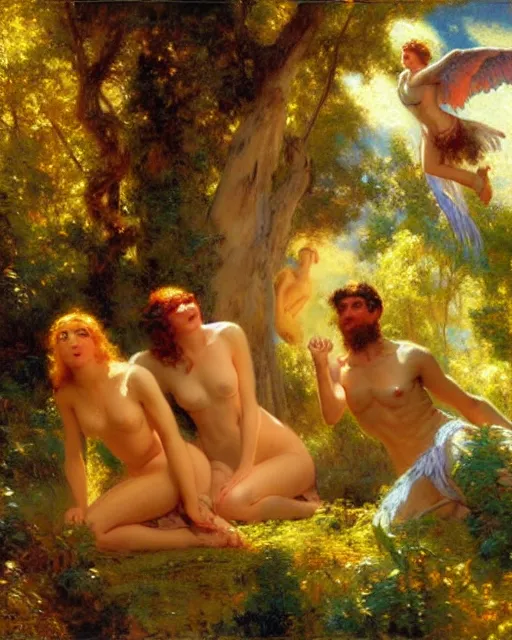 Image similar to harpies find a handsome man in the enchanted valley, painting by gaston bussiere, craig mullins, j. c. leyendecker