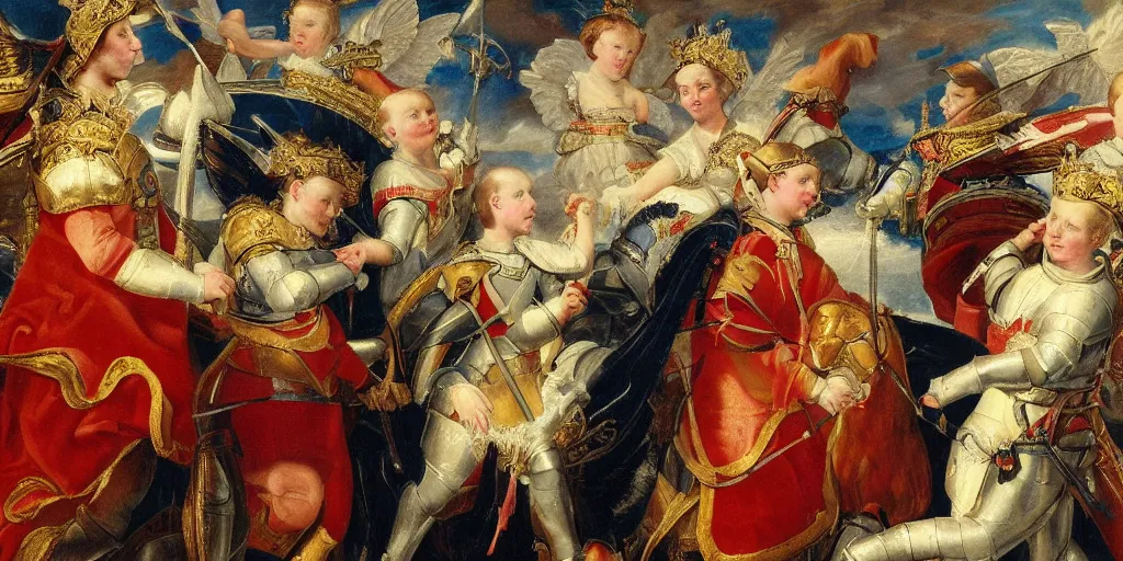 Image similar to painting of prince william, duke of cambridge wearing knight's armor with heavenly angels surrounding him