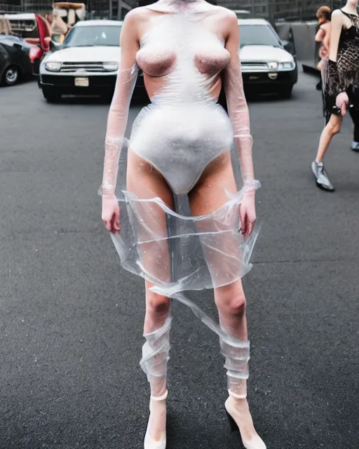 Prompt: olivia wearing an outfit made from tight cling film, at new york fashion week, lush black hair, average physique, freckled pale skin, photo by greg rutkowski, stage lighting, soft colors, female beauty, intricate detail, risque fashion, elegance, 3 5 mm, depth of field, masterpiece