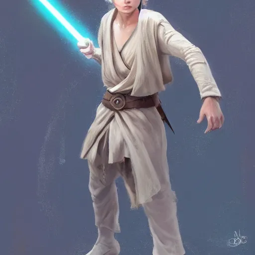 Image similar to a young blonde male jedi with short hair looking away at a threat full body shot concept art by Doug Chiang cinematic concept art, realistic painting, high definition, digital art, matte painting, symmetrical, very detailed, realistic, dramatic lighting, cinematic, establishing shot, extremely high detail, photo realistic, cinematic lighting, post processed, concept art, artstation, matte painting, red color scheme