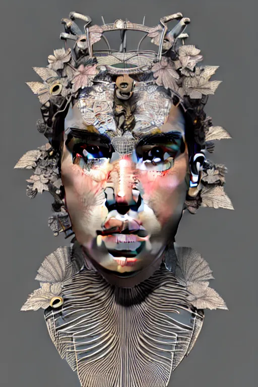 Prompt: complex 3d render ultra detailed of a beautiful porcelain profile Dua Lipa face, biomechanical cyborg, analog, 150 mm lens, beautiful natural soft rim light, big leaves and stems, roots, fine foliage lace, silver dechroic details, massai warrior, Alexander Mcqueen high fashion haute couture, pearl earring, art nouveau fashion embroidered, steampunk, intricate details, mesh wire, mandelbrot fractal, anatomical, facial muscles, cable wires, microchip, elegant, hyper realistic, ultra detailed, octane render, H.R. Giger style, volumetric lighting, 8k post-production