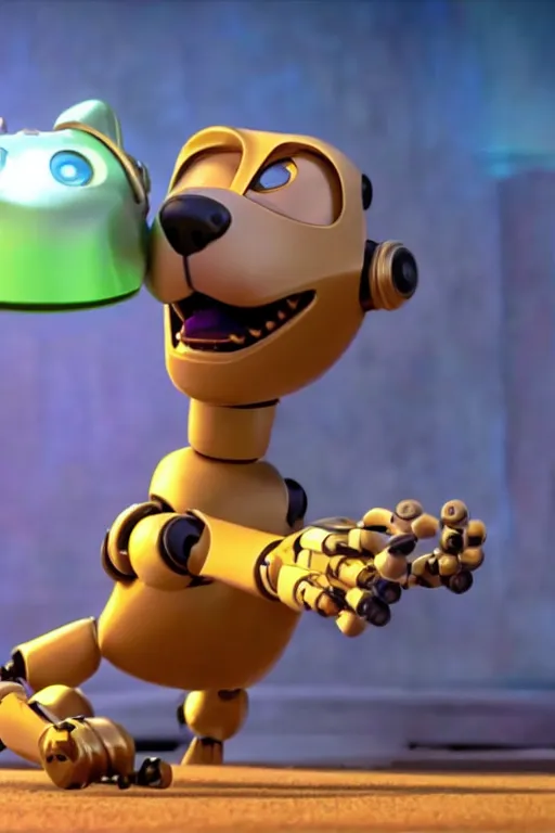 Image similar to Robot dog is trying to bite his own tail. By Disney Pixar 4K render 3d funny animation movie Oscar winning