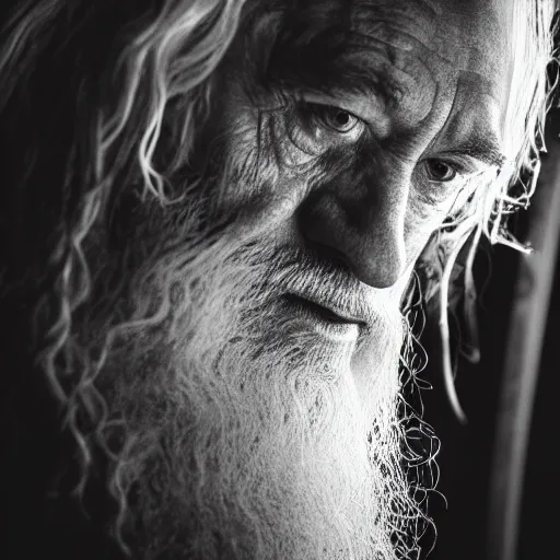 Image similar to a closeup black and white studio photographic portrait of gandalf, dramatic lighting