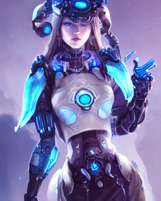 Image similar to holy cyborg necromancer girl, elegant, scifi, futuristic, utopia, garden, illustration, atmosphere, top lighting, blue eyes, white hair, beautiful, artstation, highly detailed, art by yuhong ding and chengwei pan and serafleur and ina wong