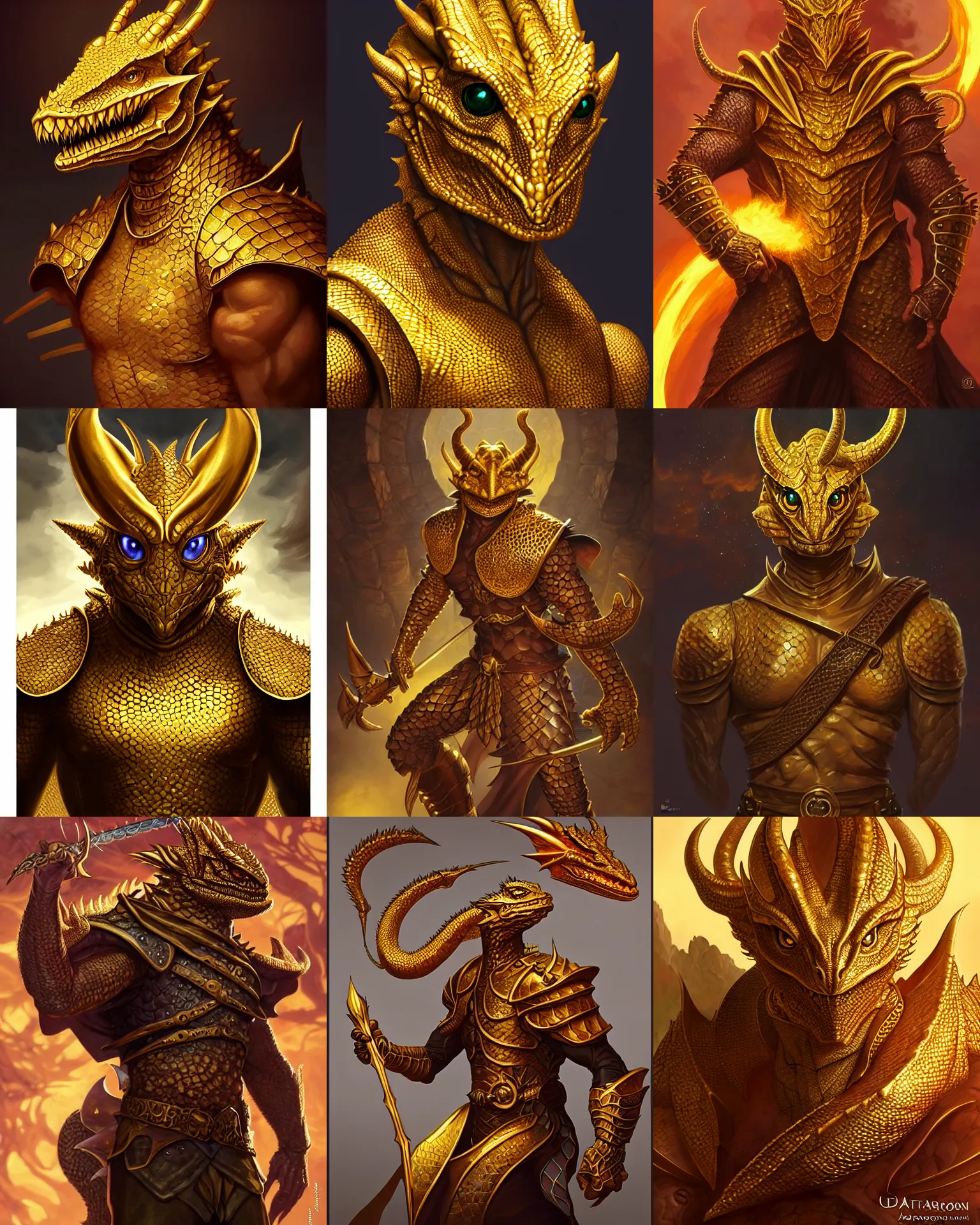 Prompt: dungeons and dragons character concept portrait, golden scaled dragonborn male with lizard eyes, !!!gold scales!!!. Detailed, High quality, dynamic lighting, fantasy, Artwork by Artgerm, WLOP, Alex Ross, Greg Rutknowski, Alphonse Mucha