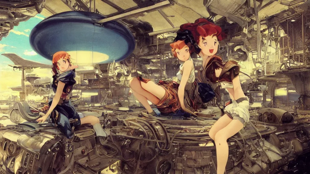 Image similar to a film still of a 1 9 5 0's mechanic anime girl sitting on top of flying ufo landing in hangar of giant ufo spaceship, sharp face focus, finely detailed features, full body mid shot, perfect art, trending on pixiv fanbox, painted by gaston bussiere, makoto shinkai, akihiko yoshida, gaston bussiere, craig mullins