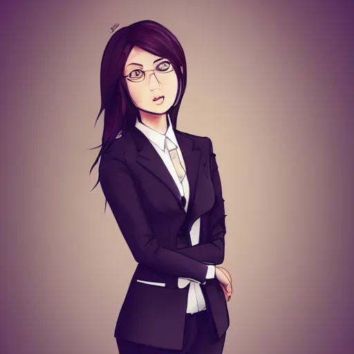 Image similar to woman in black business suit, chill, light brown neat hair, pixiv, fanbox, trending on artstation, portrait, digital art, modern, sleek, highly detailed, formal, serious, determined, blue tie, competent, colorized, smooth, charming, pretty, safe for work