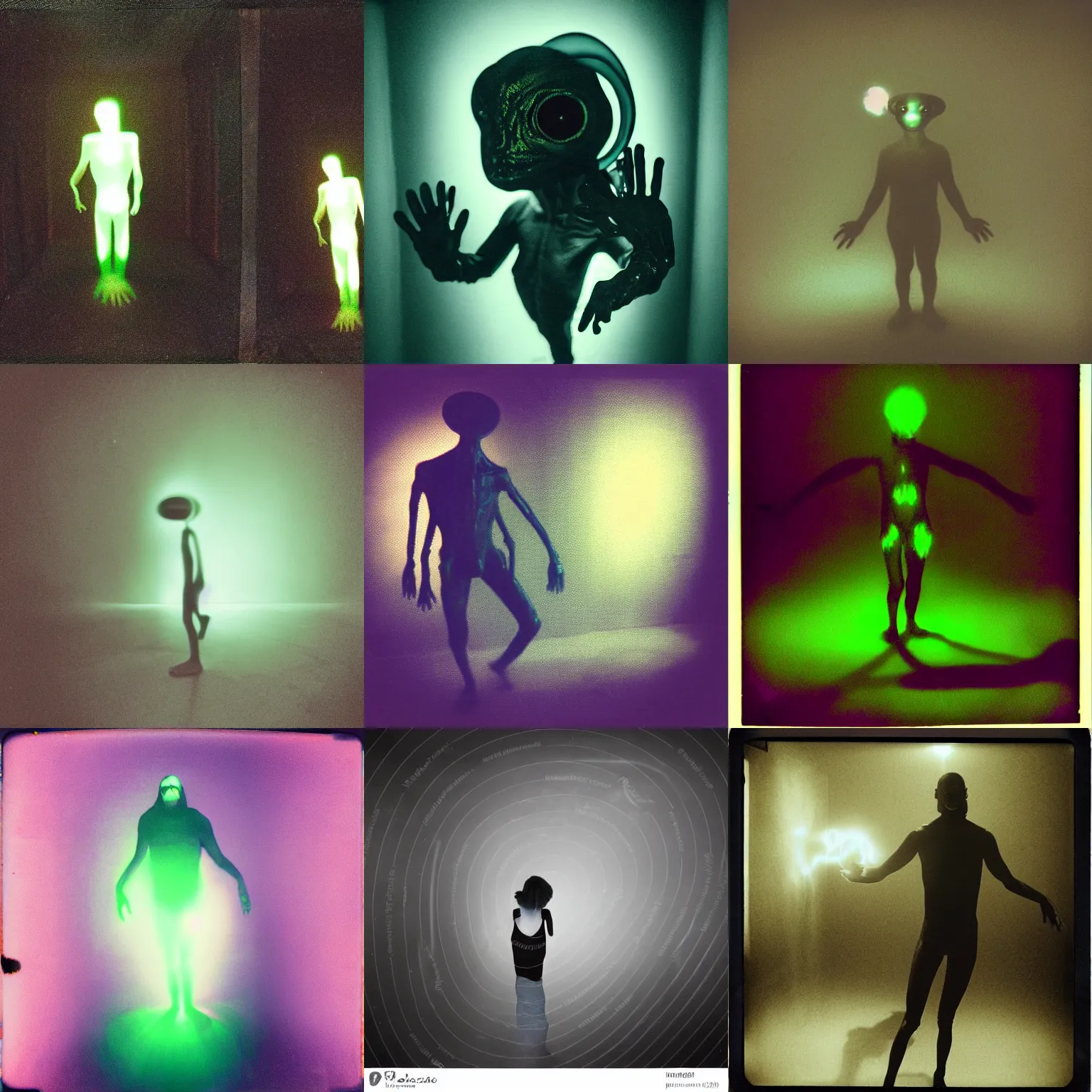 Prompt: glowing guy creature, weird silly alien thing with big beady black eyes, prancing around in an empty room. stupid ugly idiot, spiritual eerie creepy picture, wiggly ethereal being, liminal space, studio lighting, polaroid, grainy photograph