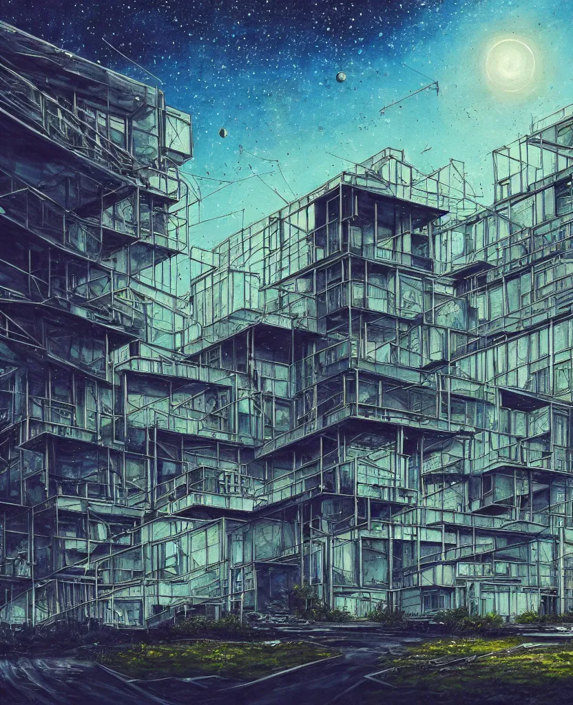 Prompt: a beautiful detailed painting of city building tiny home urbex industrial architecture unfinished building architecture nature abandoned by philip johnson, galactic gem liberty city nightsky poppy lightpaint futuristic, archdaily, wallpaper, highly detailed, trending on artstation.