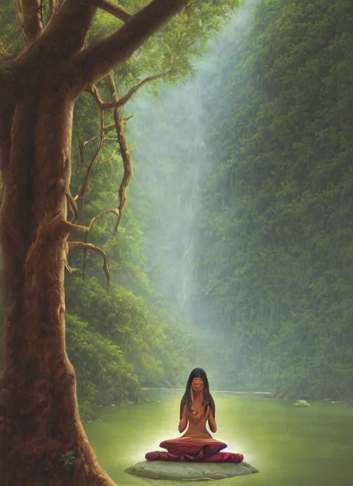 Image similar to an indigenous woman meditating near a river in the amazon jungle, art by christophe vacher