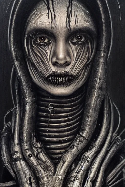 Prompt: a painting of a person's face with a black background, an ultrafine detailed painting by h. r. giger, trending on deviantart, metaphysical painting, lovecraftian, cosmic horror, detailed painting