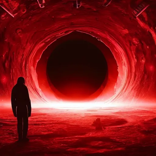 Image similar to ultra realistic, astronaut standing inside of an eerie space cathedral surrounded by cultists, there’s a large obsidian vortex floating above, black and red background, occult, photo realistic, dark atmosphere