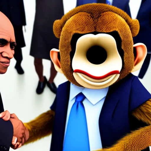 Prompt: a monkey in a jacket shakes hands with the president, a political channel, news.