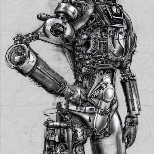 Image similar to technical drawing of a cyborg, black steel and metal, sketched in steampunk style, black ink, white paper, cinematic, hyper realistic, rendered, 8 k, old, fine details