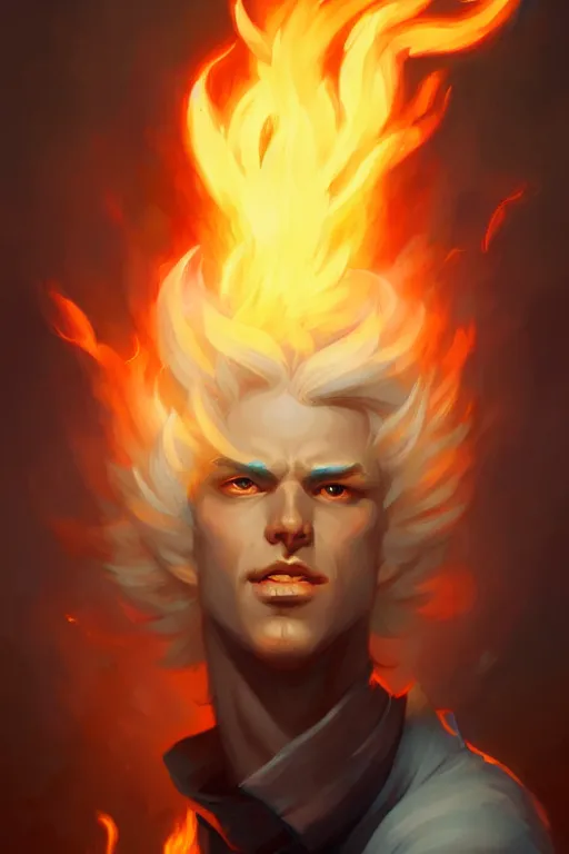 Prompt: character art by peter mohrbacher, young man, blonde hair, on fire, fire powers