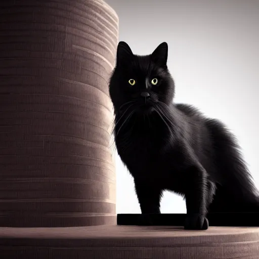 Image similar to 3 d rendered hyper realistic hyper detailed black cat wearing a cat - shaped darth vader helmet standing on a cat tower, octane render, blender, 8 k